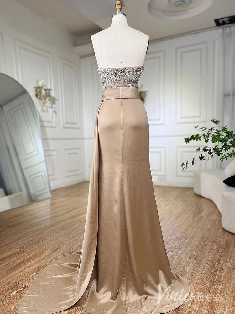 Strapless Beaded Mermaid Prom Dresses with Slit Satin Overskirt Pageant Dress AD1245 - ViniodressEvening DressesChampagneUS 2 - Formal Dresses - Ball Gowns