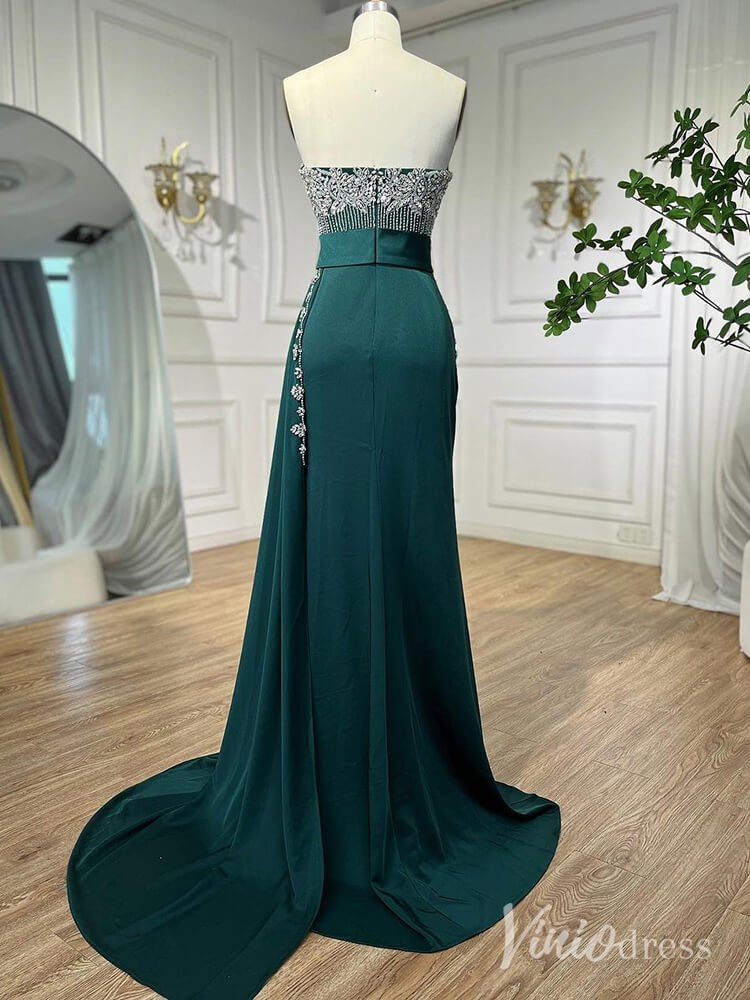 Strapless Beaded Mermaid Prom Dresses with Slit Satin Overskirt Pageant Dress AD1245 - ViniodressEvening DressesGreenUS 2 - Formal Dresses - Ball Gowns