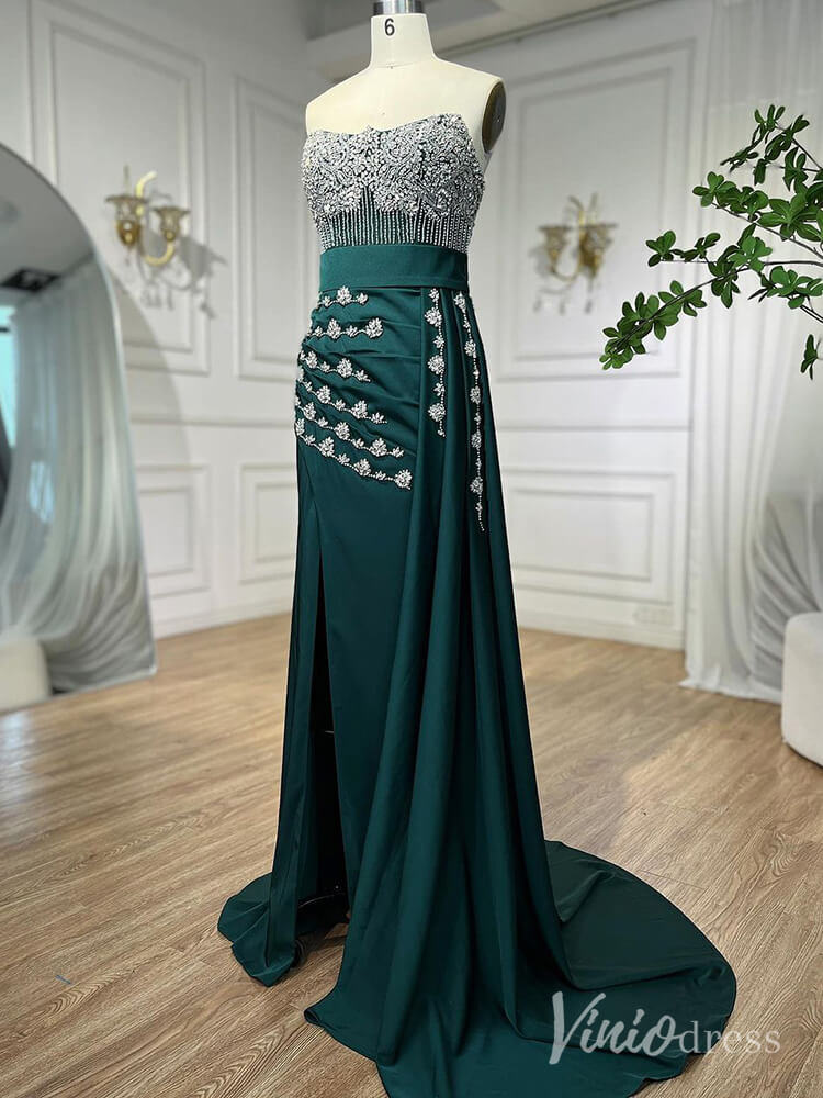 Strapless Beaded Mermaid Prom Dresses with Slit Satin Overskirt Pageant Dress AD1245 - ViniodressEvening DressesGreenUS 2 - Formal Dresses - Ball Gowns