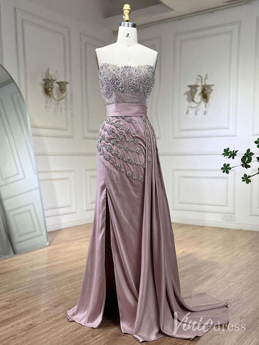 Strapless Beaded Mermaid Prom Dresses with Slit Satin Overskirt Pageant Dress AD1245 - ViniodressEvening DressesPinkUS 2 - Formal Dresses - Ball Gowns