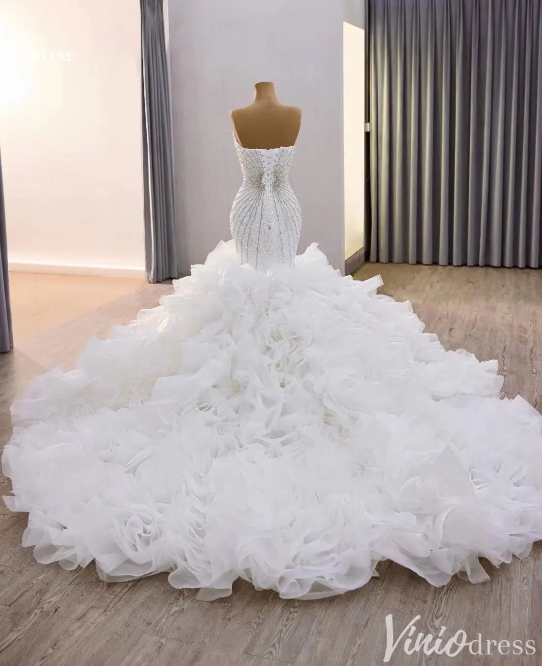 Strapless Beaded Mermaid Wedding Dress with Ruffled Train 241145-Quinceanera Dresses 2025 -Viniodress-White-Custom Size-