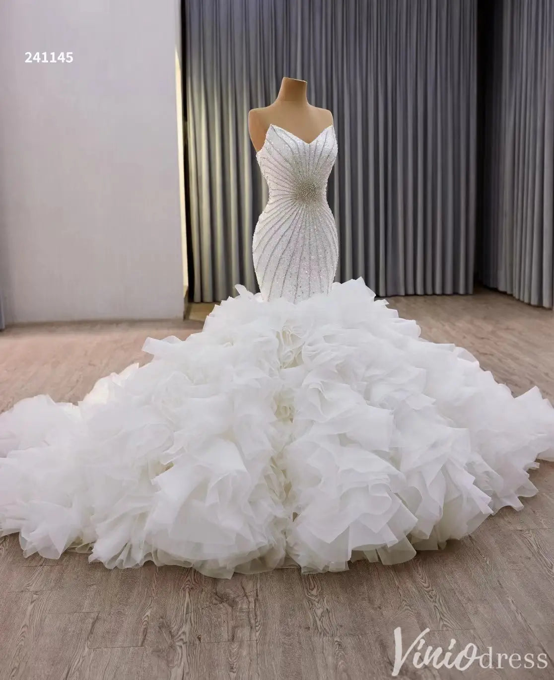 Strapless Beaded Mermaid Wedding Dress with Ruffled Train 241145-Quinceanera Dresses 2025 -Viniodress-White-Custom Size-