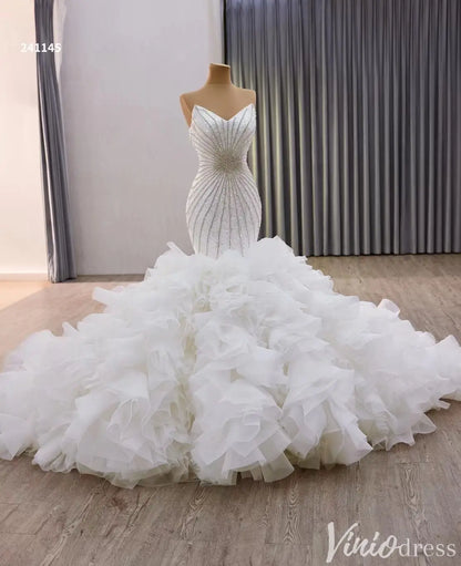 Strapless Beaded Mermaid Wedding Dress with Ruffled Train 241145-Quinceanera Dresses 2025 -Viniodress-White-Custom Size-