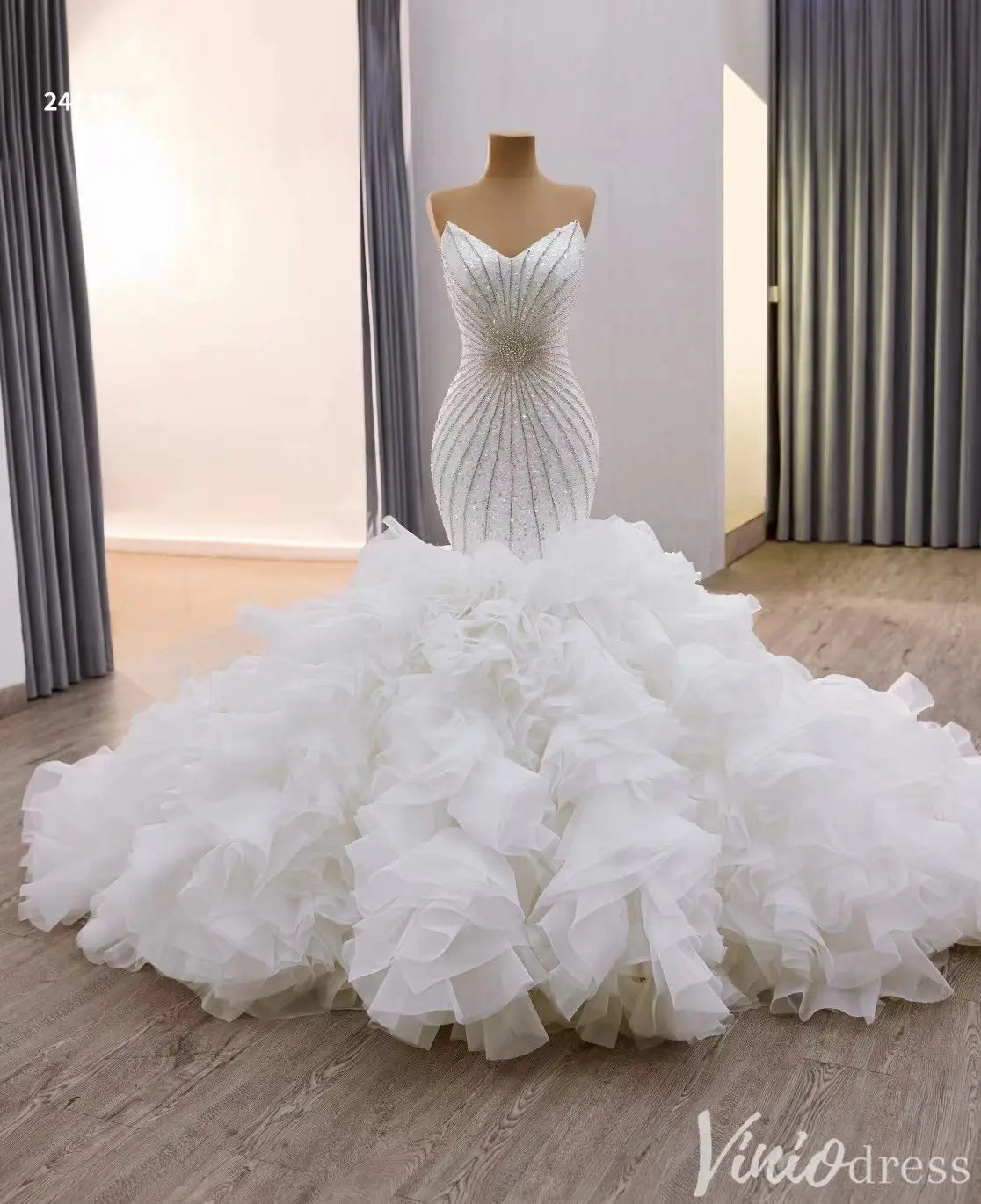 Strapless Beaded Mermaid Wedding Dress with Ruffled Train 241145-Quinceanera Dresses 2025 -Viniodress-White-Custom Size-