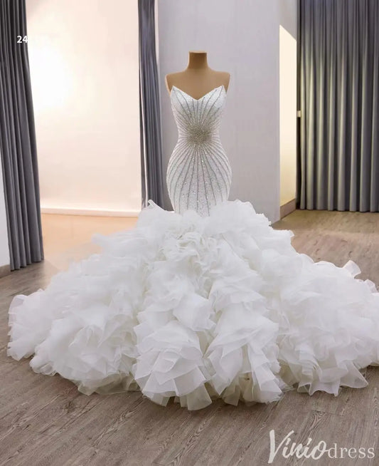 Strapless Beaded Mermaid Wedding Dress with Ruffled Train 241145-Quinceanera Dresses 2025 -Viniodress-White-Custom Size-