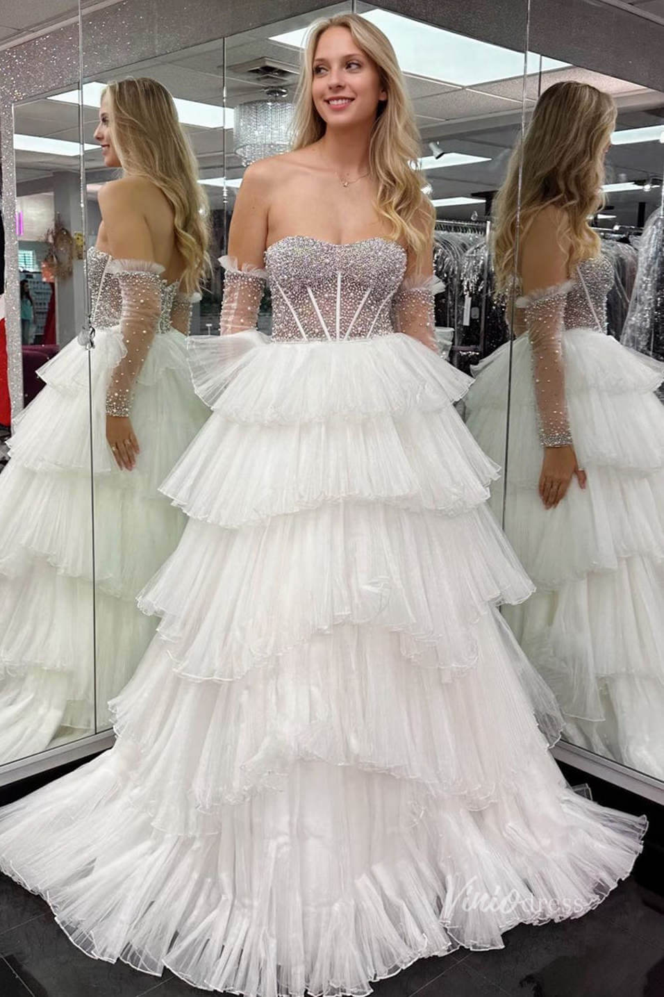 Strapless Beaded Ruffled Prom Dresses Removable Sleeve Boned Bodice FD3994-prom dresses 2025 -Viniodress-Blue-Custom Size-