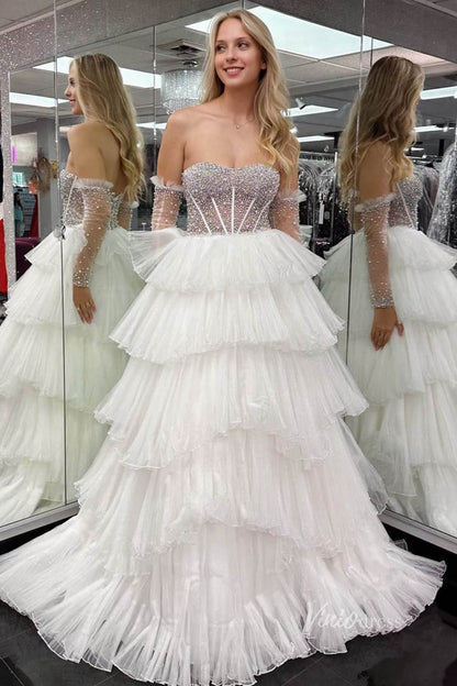 Strapless Beaded Ruffled Prom Dresses Removable Sleeve Boned Bodice FD3994-prom dresses 2025 -Viniodress-Blue-Custom Size-