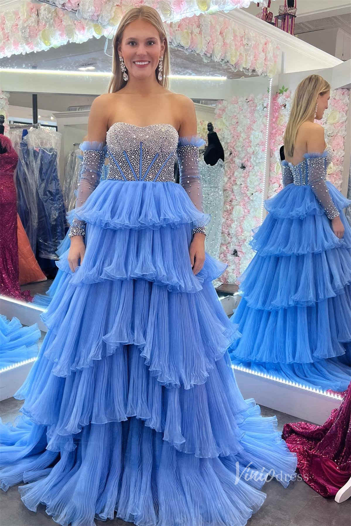 Strapless Beaded Ruffled Prom Dresses Removable Sleeve Boned Bodice FD3994 - Viniodressprom dressesBlueCustom Size - Formal Dresses - Ball Gowns