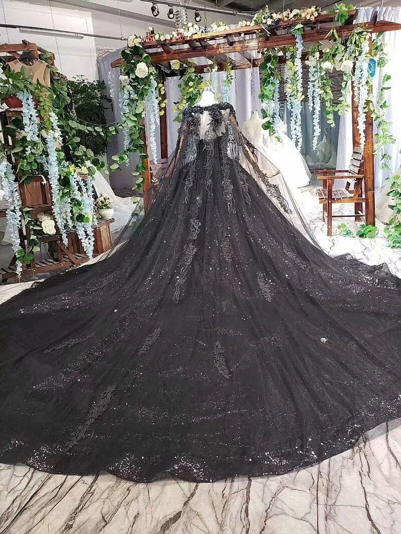 Strapless Black Lace Ball Gown with Long Cape FD1926 viniodress-wedding dresses 2025 -Viniodress-Black-Custom Size-