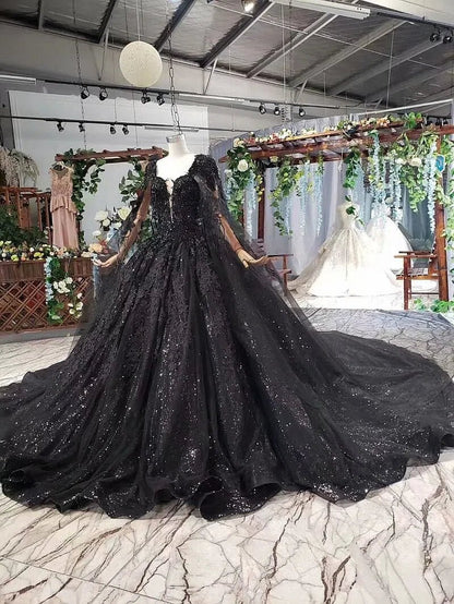 Strapless Black Lace Ball Gown with Long Cape FD1926 viniodress-wedding dresses 2025 -Viniodress-Black-Custom Size-