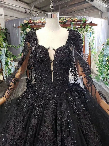Strapless Black Lace Ball Gown with Long Cape FD1926 viniodress-wedding dresses 2025 -Viniodress-Black-Custom Size-
