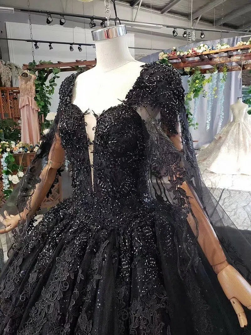 Strapless Black Lace Ball Gown with Long Cape FD1926 viniodress-wedding dresses 2025 -Viniodress-Black-Custom Size-