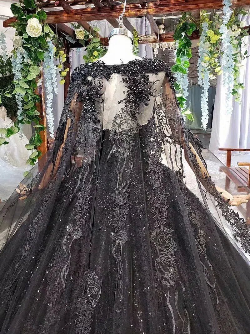 Strapless Black Lace Ball Gown Wedding Dresses with Long Cape FD1926 v –  Viniodress
