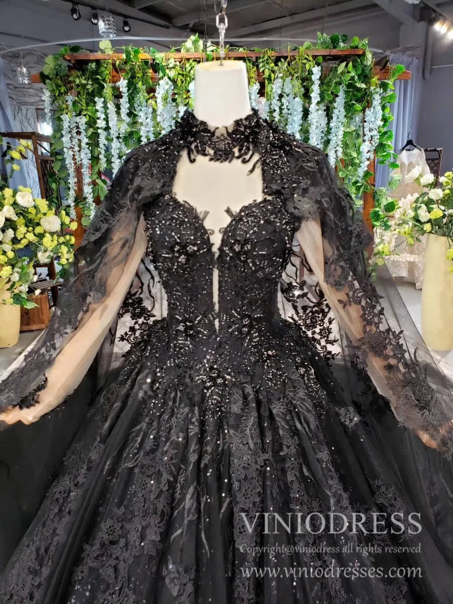 Strapless Black Lace Ball Gown with Long Cape FD1926 viniodress-wedding dresses-Viniodress-Viniodress