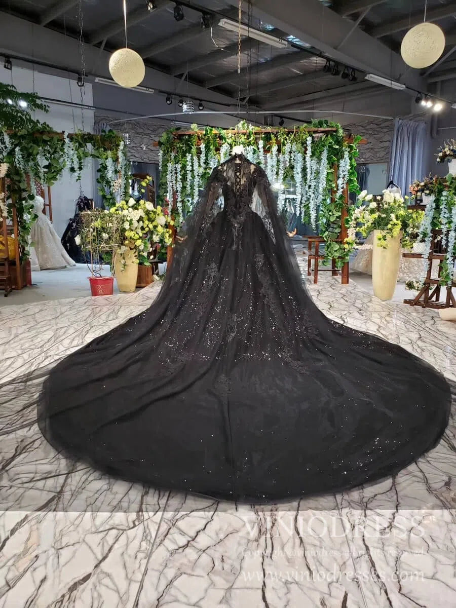 Strapless Black Lace Ball Gown with Long Cape FD1926 viniodress-wedding dresses-Viniodress-Viniodress