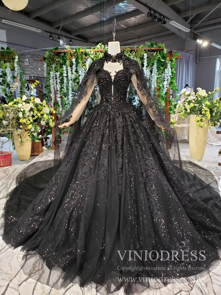 Strapless Black Lace Ball Gown with Long Cape FD1926 viniodress-wedding dresses-Viniodress-Viniodress