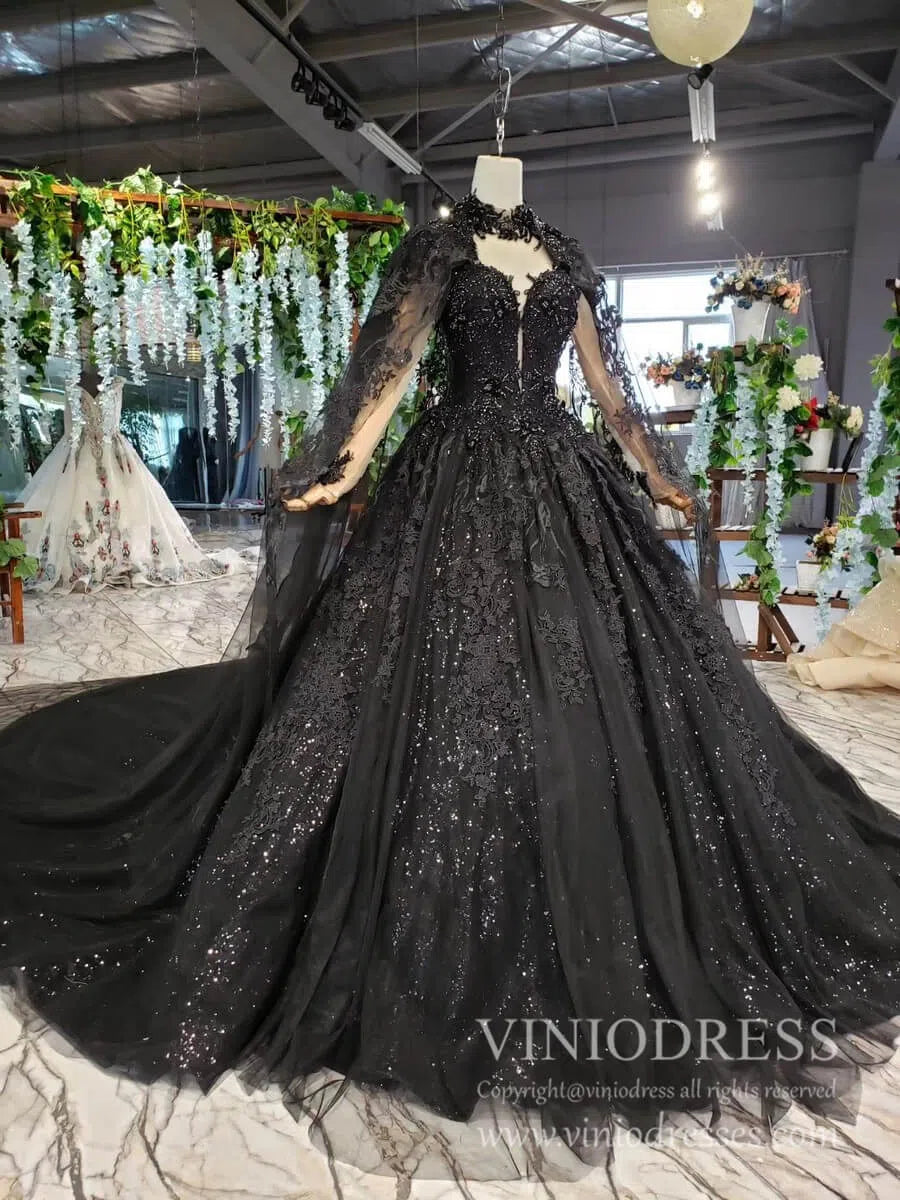 Strapless Black Lace Ball Gown with Long Cape FD1926 viniodress-wedding dresses-Viniodress-Viniodress