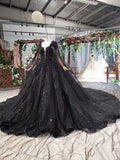 Strapless Black Lace Ball Gown with Long Cape FD1926 viniodress-wedding dresses-Viniodress-Viniodress