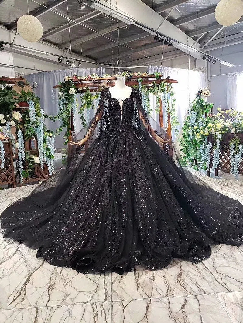 Strapless Black Lace Ball Gown with Long Cape FD1926 viniodress-wedding dresses-Viniodress-Viniodress