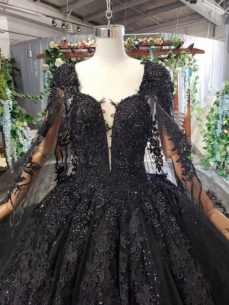 Strapless Black Lace Ball Gown with Long Cape FD1926 viniodress-wedding dresses-Viniodress-Viniodress