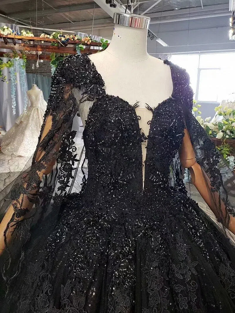 Strapless Black Lace Ball Gown with Long Cape FD1926 viniodress-wedding dresses-Viniodress-Viniodress