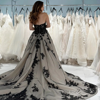 Strapless Black Lace Wedding Dress | Sparkly Champagne Gown with Chapel Train BK104-wedding dresses 2025 -Viniodress-Black-Custom Size-