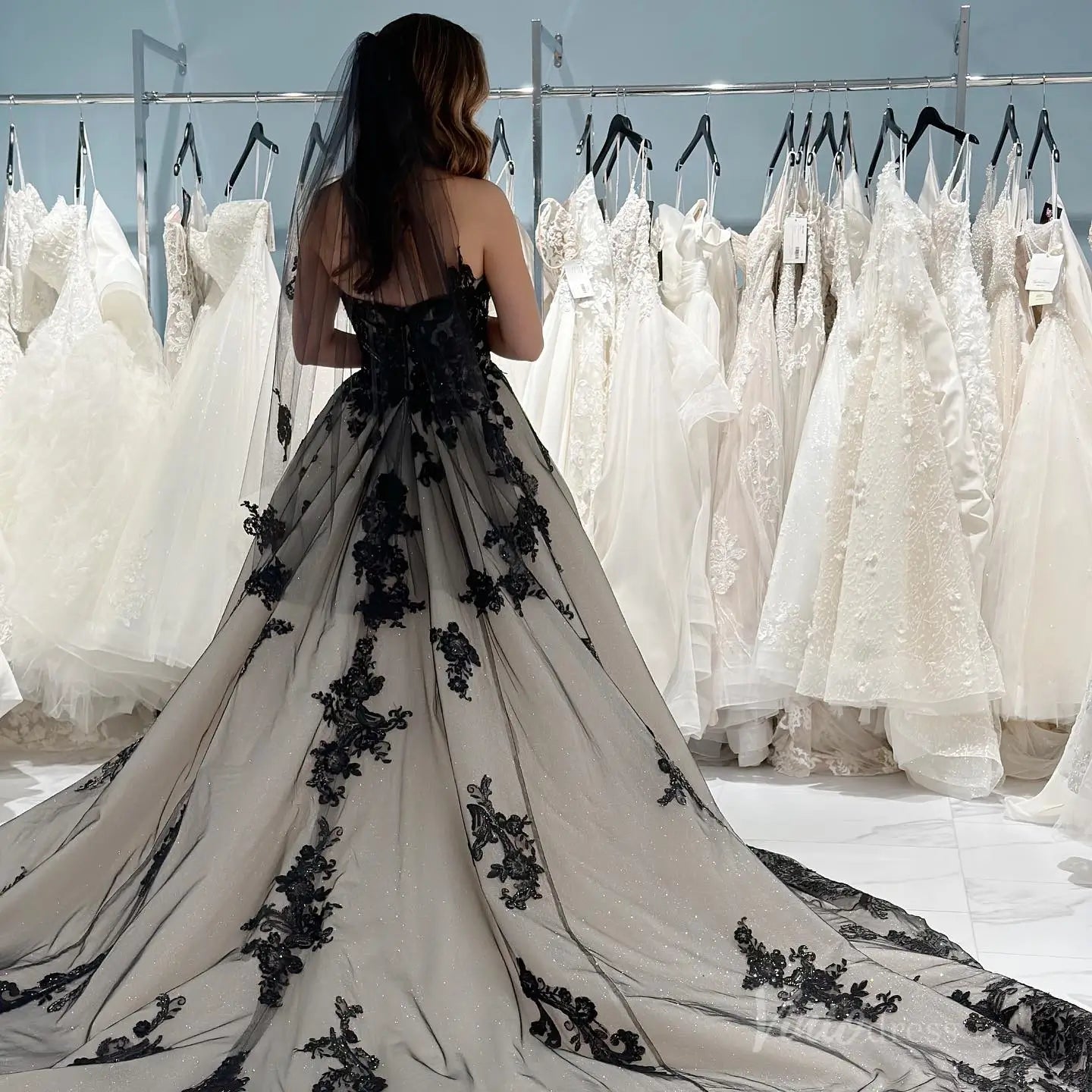 Strapless Black Lace Wedding Dress | Sparkly Champagne Gown with Chapel Train BK104-wedding dresses 2025 -Viniodress-Black-Custom Size-