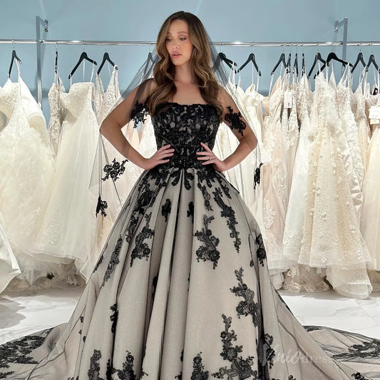 Strapless Black Lace Wedding Dress | Sparkly Champagne Gown with Chapel Train BK104-wedding dresses 2025 -Viniodress-Black-Custom Size-