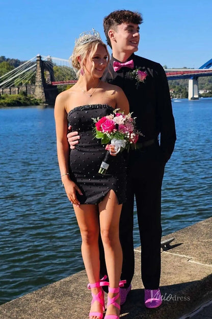 Strapless Black Mini Dress with Beaded Detail and Removable Bow – H1110B-Homecoming Dresses 2025 -Viniodress-Black-Custom Size-