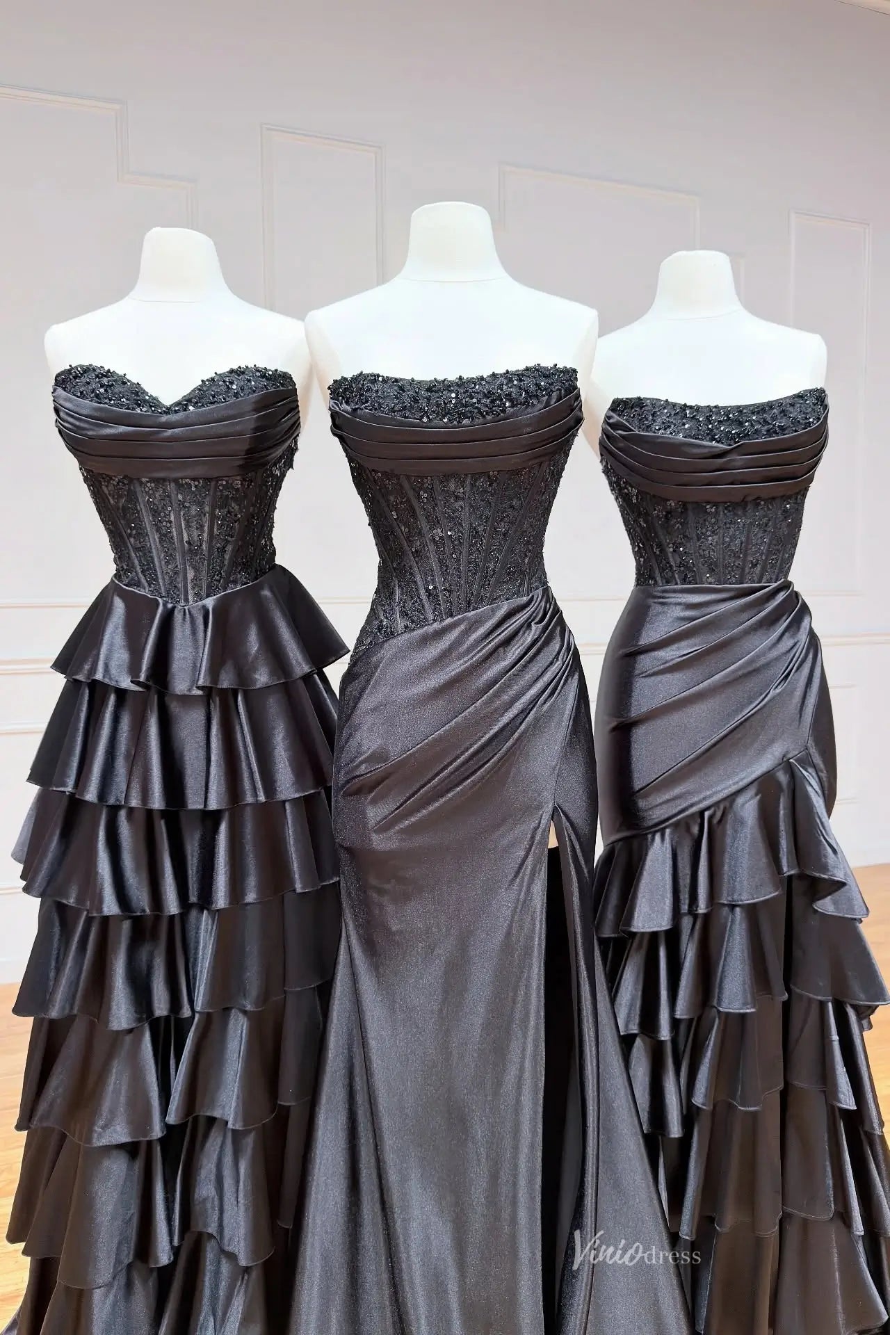 Strapless Black Satin Prom Dress with Corset Lace Bodice & Ruffled Skirt RF301-Prom Dresses 2026-Viniodress-Black-A-Custom Size