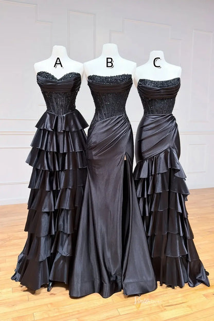 Strapless Black Satin Prom Dress with Corset Lace Bodice & Ruffled Skirt RF301-Prom Dresses 2026-Viniodress-Black-A-Custom Size