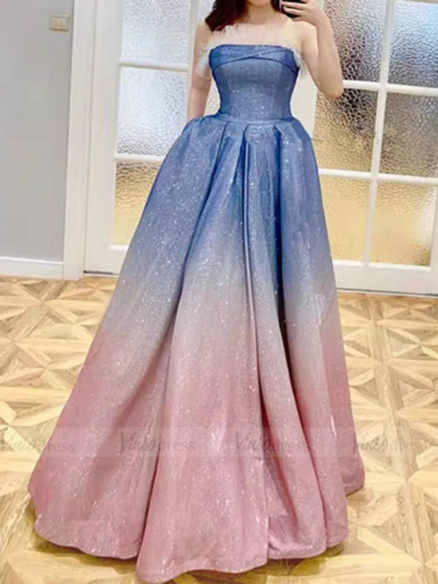 Prom Dress 2025 Strapless Blue and Pink Long Prom Dresses with Pockets FD1616-unique prom dresses-As Picture-Custom Size-Viniodress