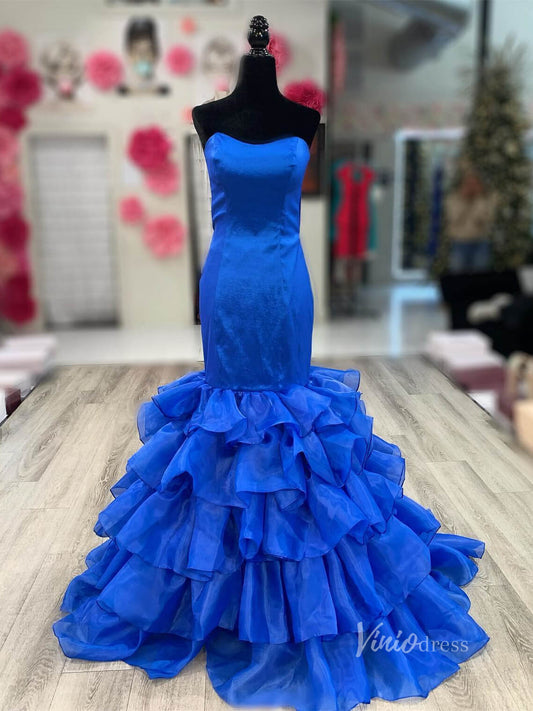 Strapless Blue Mermaid Prom Dresses Ruffled Formal Gown FD4058-prom dresses 2025 -Viniodress-Blue-Custom Size-