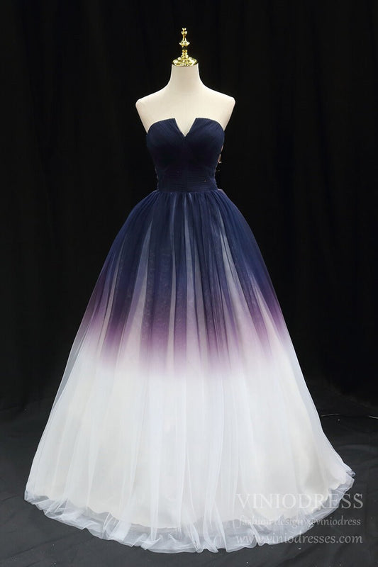 Strapless Blue White Ombre Tulle Prom Dresses FD2624-Prom Dresses 2025 -VINIODRESS-Navy Blue-US2-