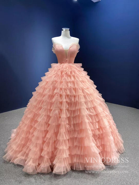 Strapless Blush Pink Quince Dresses Ruffled Princess Ball Gowns viniodress-Quinceanera Dresses 2025 -Viniodress-As Picture-Custom Size-