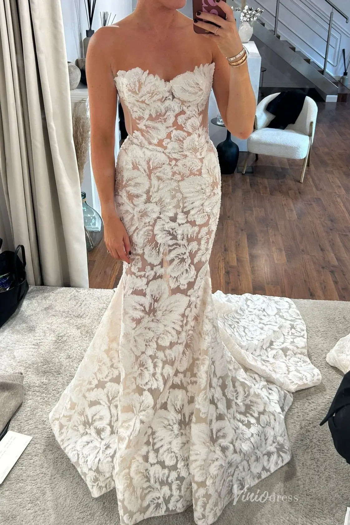 Strapless Boho Mermaid Wedding Dress Floral Embroidered Lace Gown with Sheer Lining TS001-wedding dresses 2025 -Viniodress-Ivory-Strapless-Custom Size