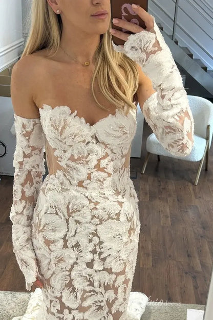 Strapless Boho Mermaid Wedding Dress Floral Embroidered Lace Gown with Sheer Lining TS001-wedding dresses 2025 -Viniodress-Ivory-Strapless-Custom Size