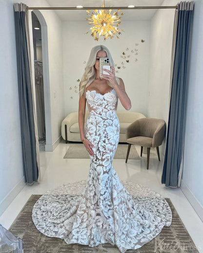 Strapless Boho Mermaid Wedding Dress Floral Embroidered Lace Gown with Sheer Lining TS001-wedding dresses 2025 -Viniodress-Ivory-Strapless-Custom Size