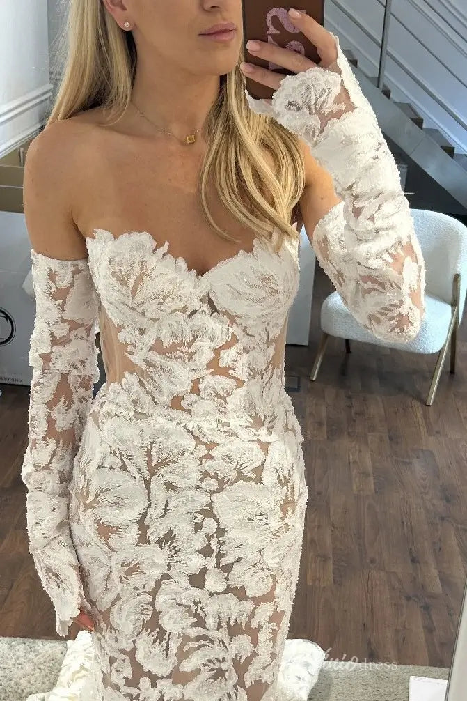 Strapless Boho Mermaid Wedding Dress Floral Embroidered Lace Gown with Sheer Lining TS001-wedding dresses 2025 -Viniodress-Ivory-Strapless-Custom Size