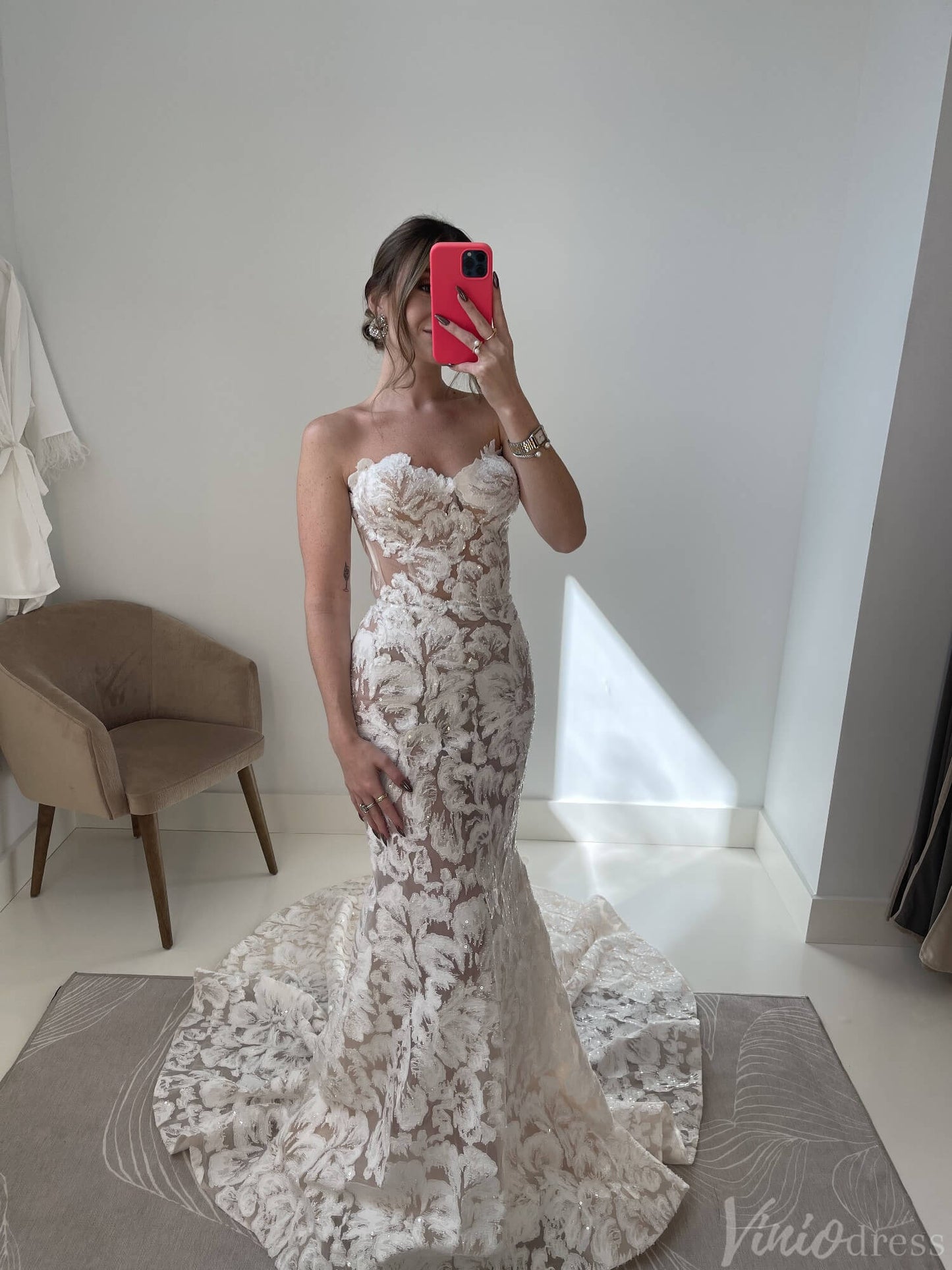 Strapless Boho Mermaid Wedding Dress Floral Embroidered Lace Gown with Sheer Lining TS001-wedding dresses 2025 -Viniodress-Ivory-Strapless-Custom Size
