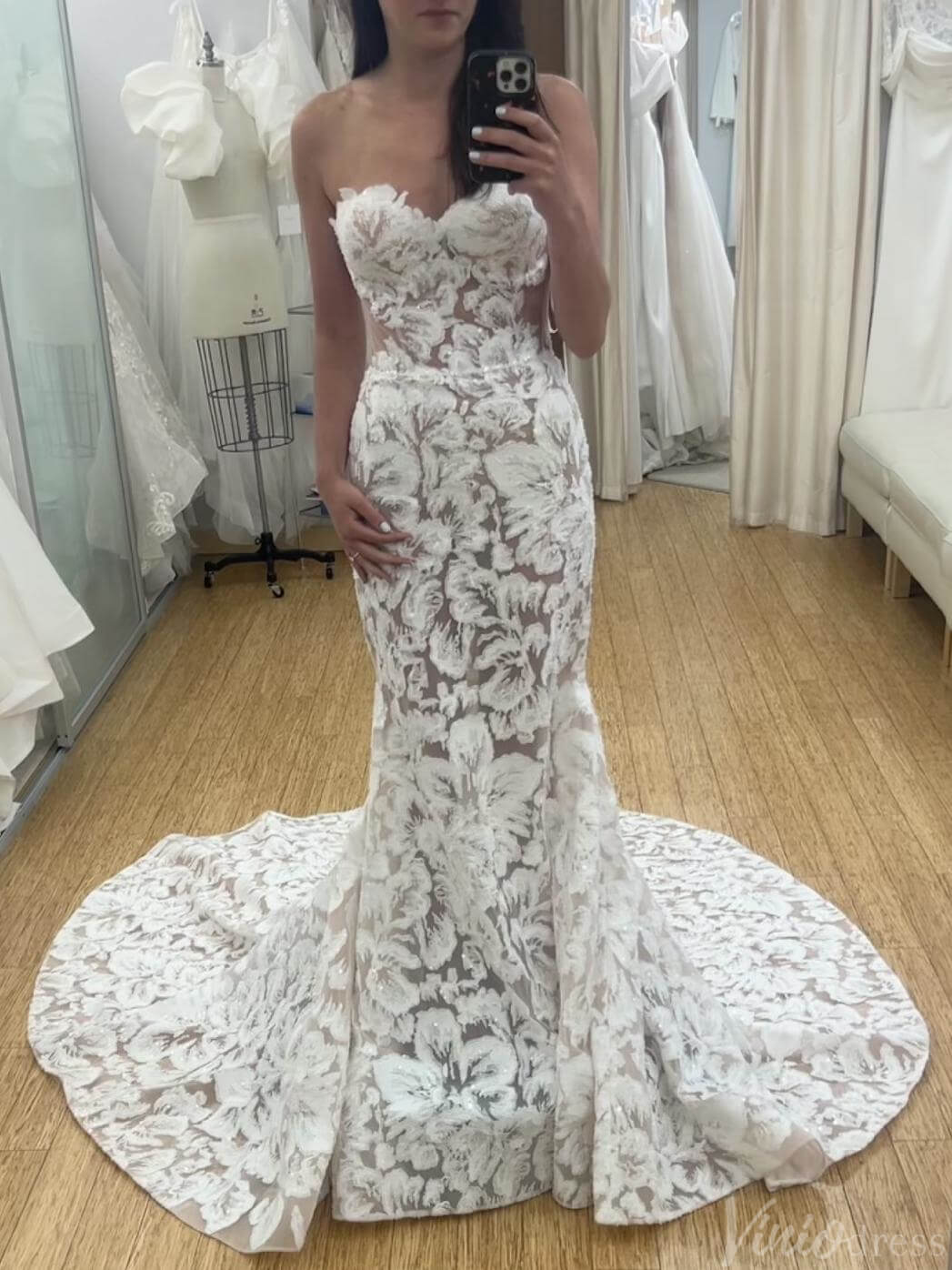 Strapless Boho Mermaid Wedding Dress Floral Embroidered Lace Gown with Sheer Lining TS001-wedding dresses 2025 -Viniodress-Ivory-Strapless-Custom Size