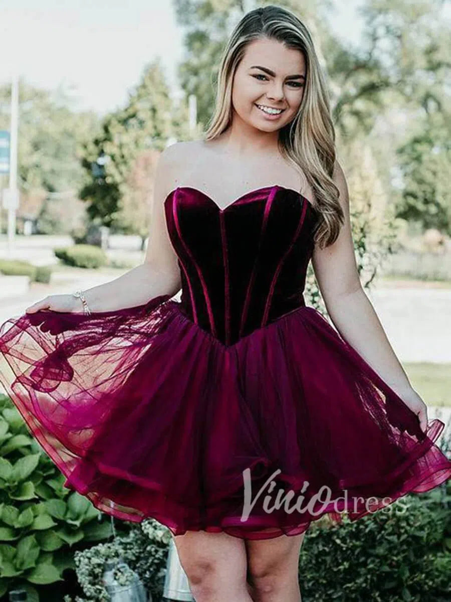 Short Prom Dresses 2025 Strapless Burgundy Homecoming Dresses Cheap SD1095-homecoming dresses-Viniodress-Burgundy-Custom Size-Viniodress