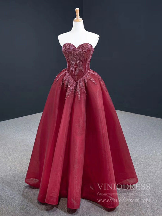 Strapless Burgundy Prom Dresses Beaded Sweetheart Formal Dress FD2425-prom dresses 2025 -Viniodress-Burgundy-Custom Size-