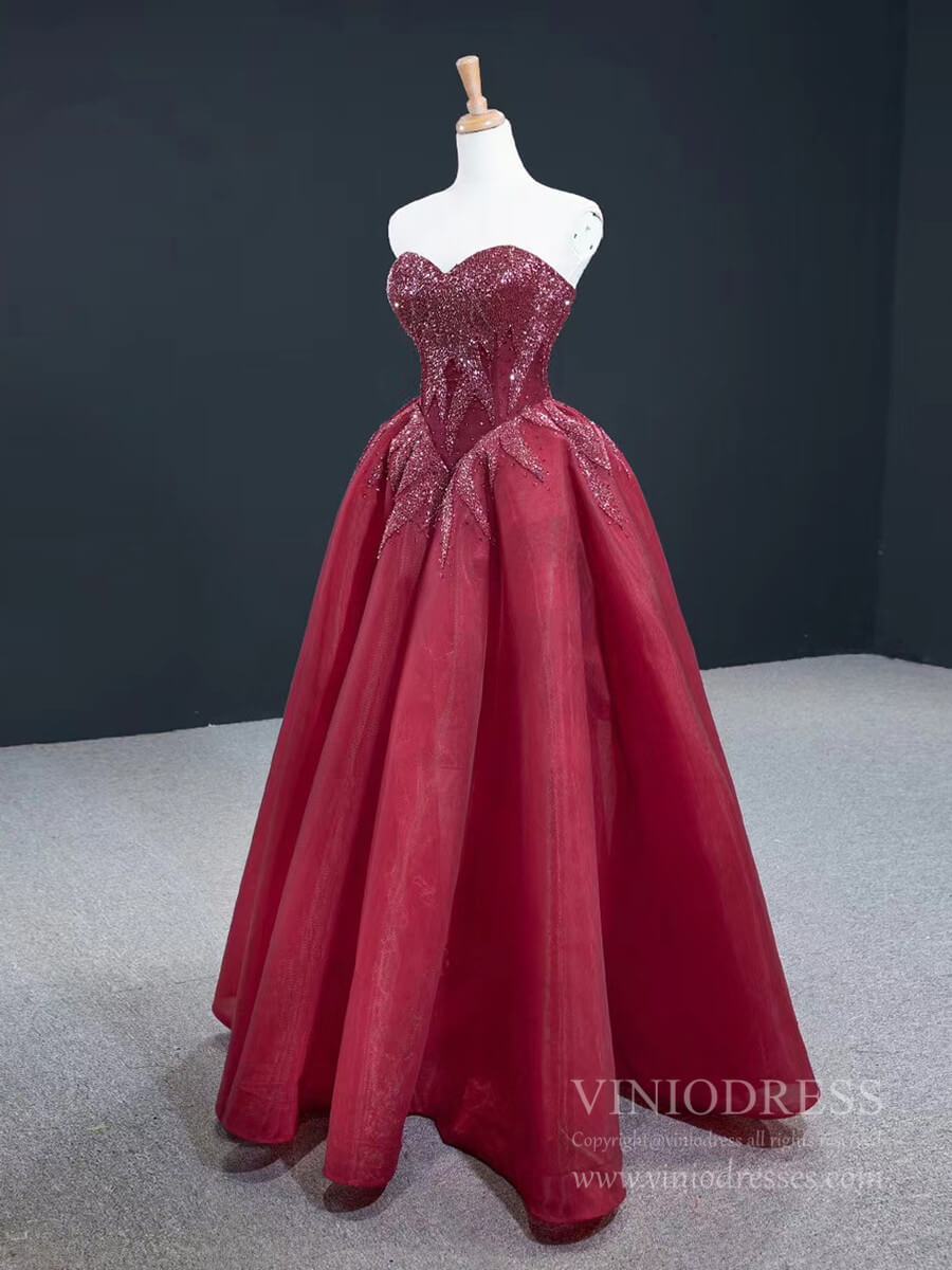 Prom Dress 2025 Strapless Burgundy Prom Dresses Beaded Sweetheart Formal Dress FD2425-unique prom dresses-As Picture-Custom Size-Viniodress