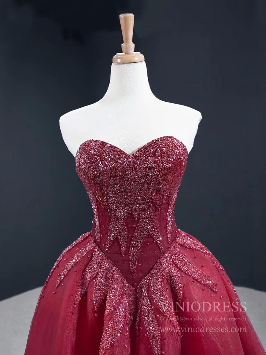 Prom Dress 2025 Strapless Burgundy Prom Dresses Beaded Sweetheart Formal Dress FD2425-unique prom dresses-As Picture-Custom Size-Viniodress