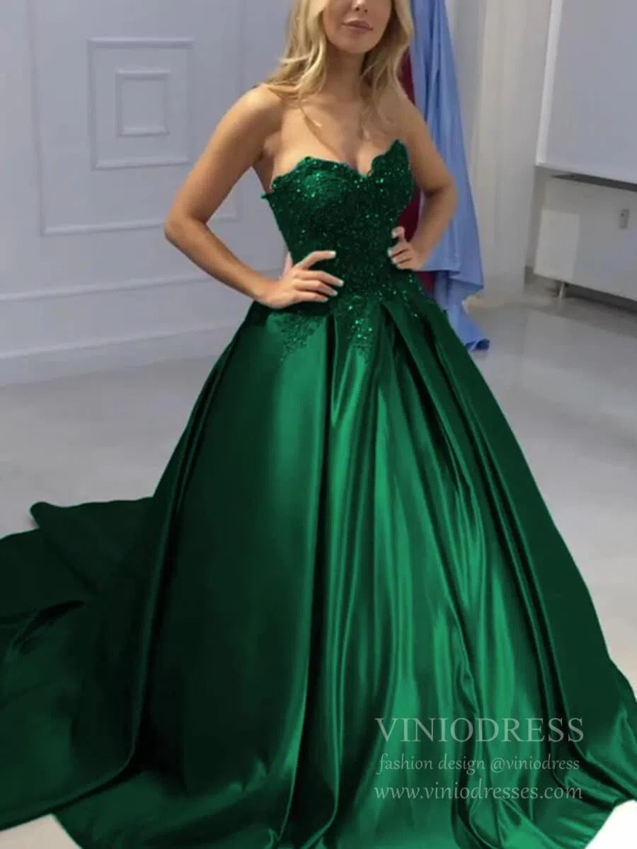 Strapless Burgundy Quinceanera Dresses Lace Appliqued Debut Ball Gowns FD1706-prom dresses 2025 -Viniodress-Emerald Green-Custom Size-