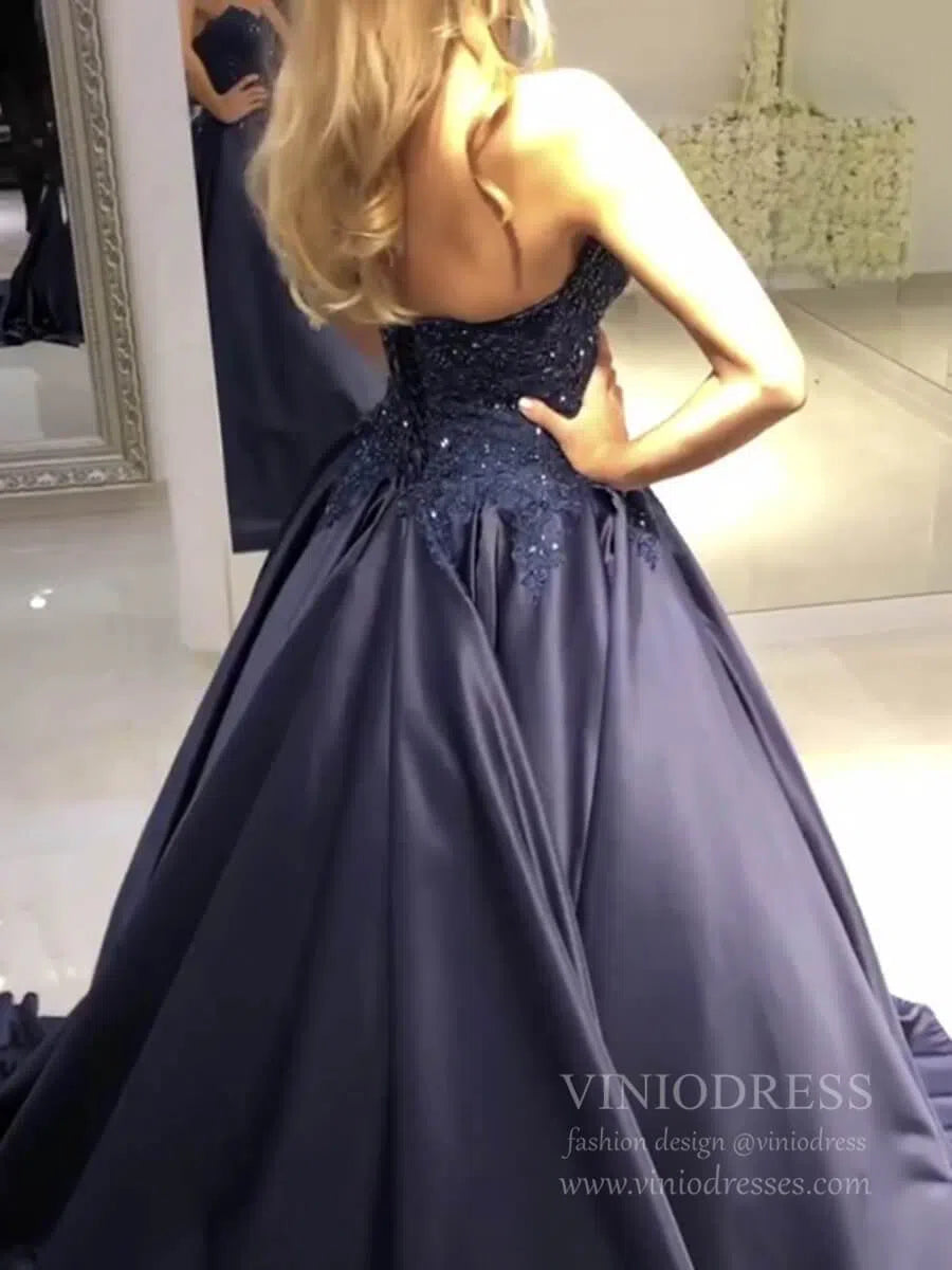 Strapless Burgundy Quinceanera Dresses Lace Appliqued Debut Ball Gowns FD1706-prom dresses 2025 -Viniodress-Navy Blue-Custom Size-