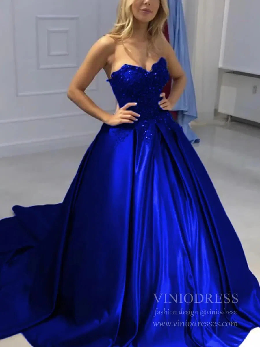 Prom Dress 2025 Cheap Strapless Burgundy Quinceanera Dresses Lace Appliqued Debut Ball Gowns FD1706-unique prom dresses-Royal Blue-Custom Size-Viniodress