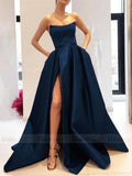 Prom Dress 2025 Strapless Burgundy Satin Prom Dresses with Pockets and High Slit FD1501B-unique prom dresses-Navy Blue-Custom Size-Viniodress