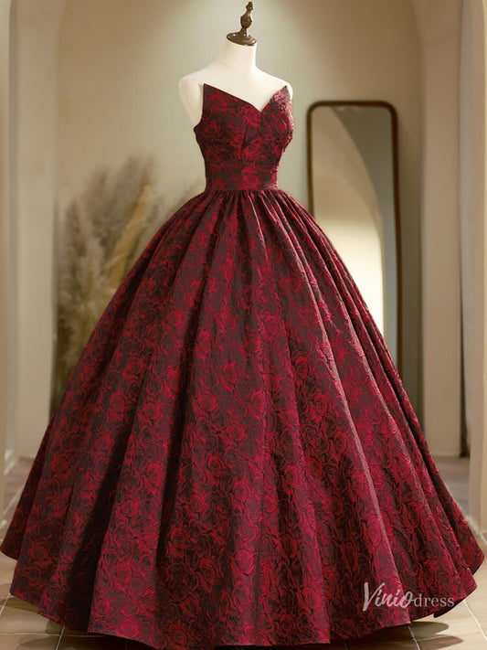 Strapless Burgundy Sweetheart Neck Prom Ball Gown Floral Jacquard Quinceanera Dresses BG019-prom dresses 2025 -Viniodress-Burgundy-Custom Size-